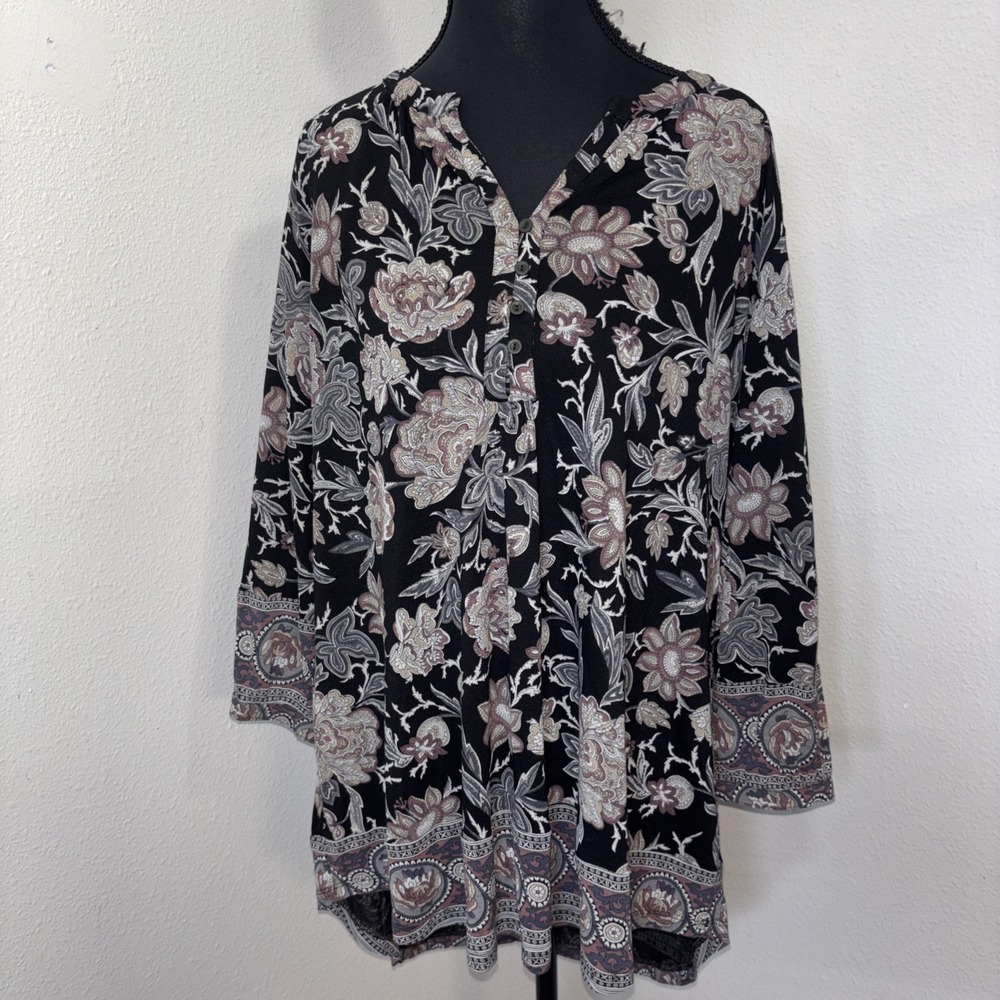 Lucky Brand Blouse Women's 1X Dark Floral V-Neck Boho Cottagecore Artsy - Picture 1 of 11